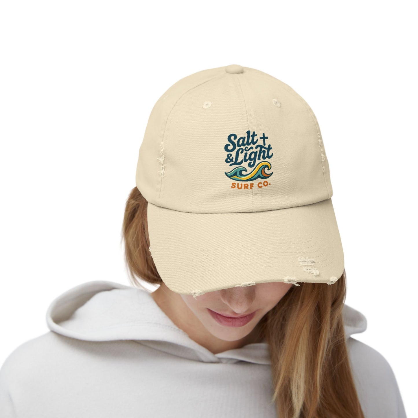 Salt & Light Surf Co. Distressed Baseball Cap — Vintage Surf Wave Embroidered Hat