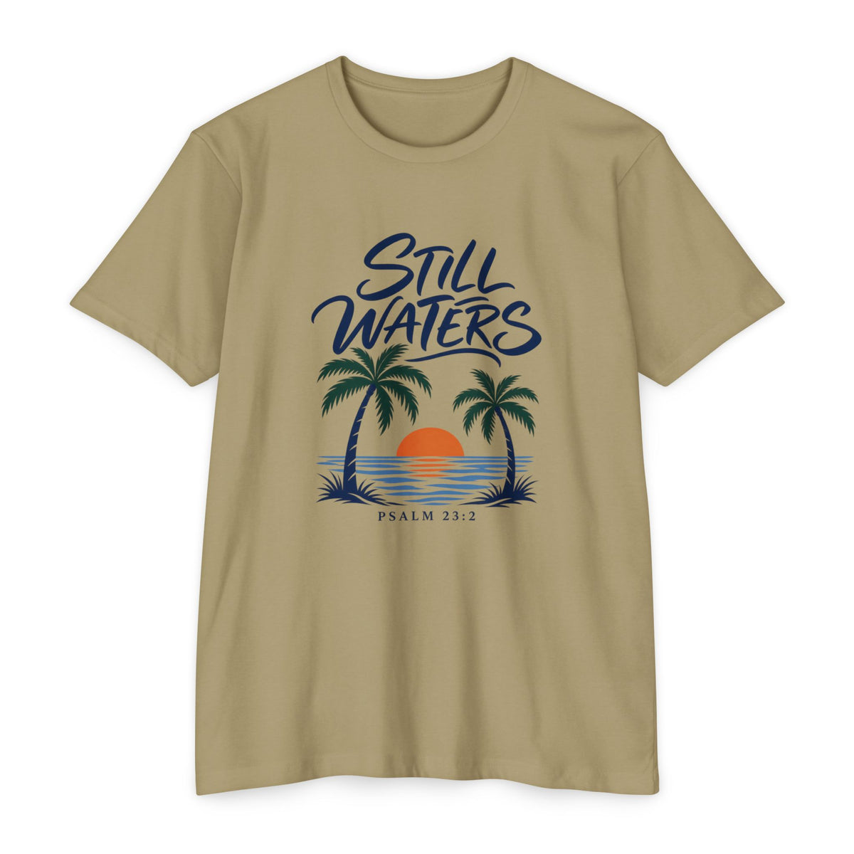 Still Waters T-Shirt — Psalm 23:2 Sunset Palm Graphic Tee Front Graphic