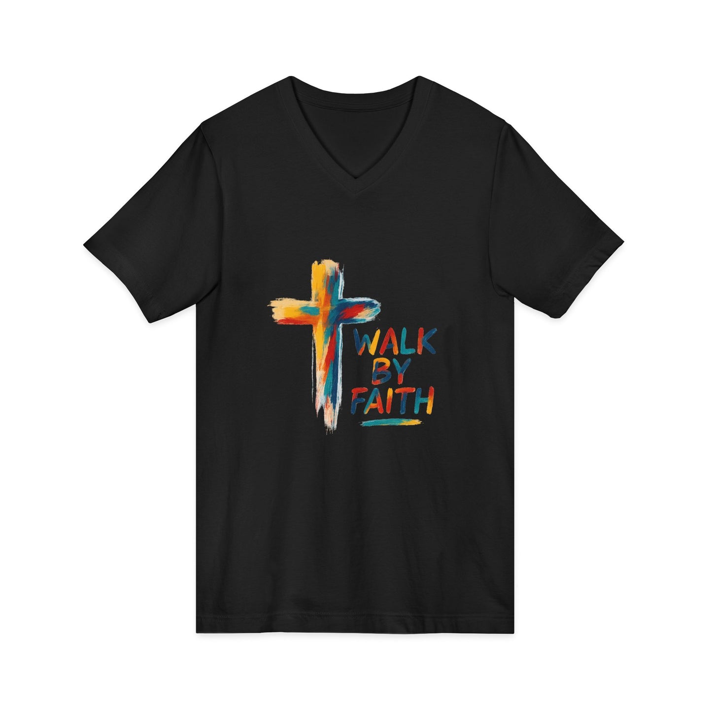 Walk By Faith V-Neck Tee — Artistic Colorful Cross Christian T-Shirt