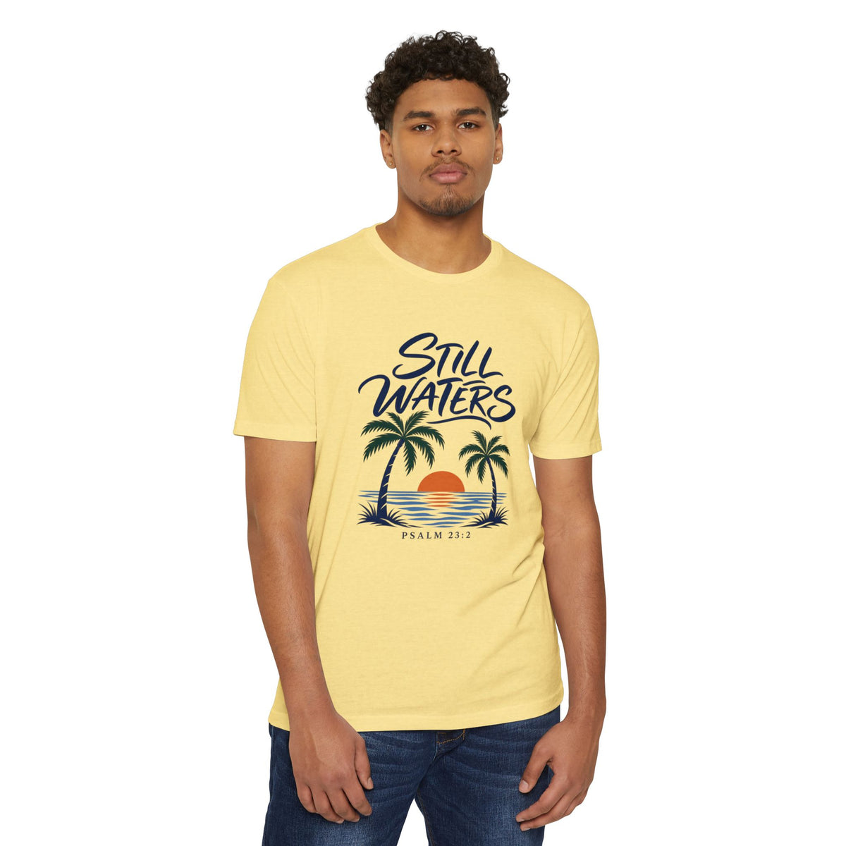 Still Waters T-Shirt — Psalm 23:2 Sunset Palm Graphic Tee Front Graphic