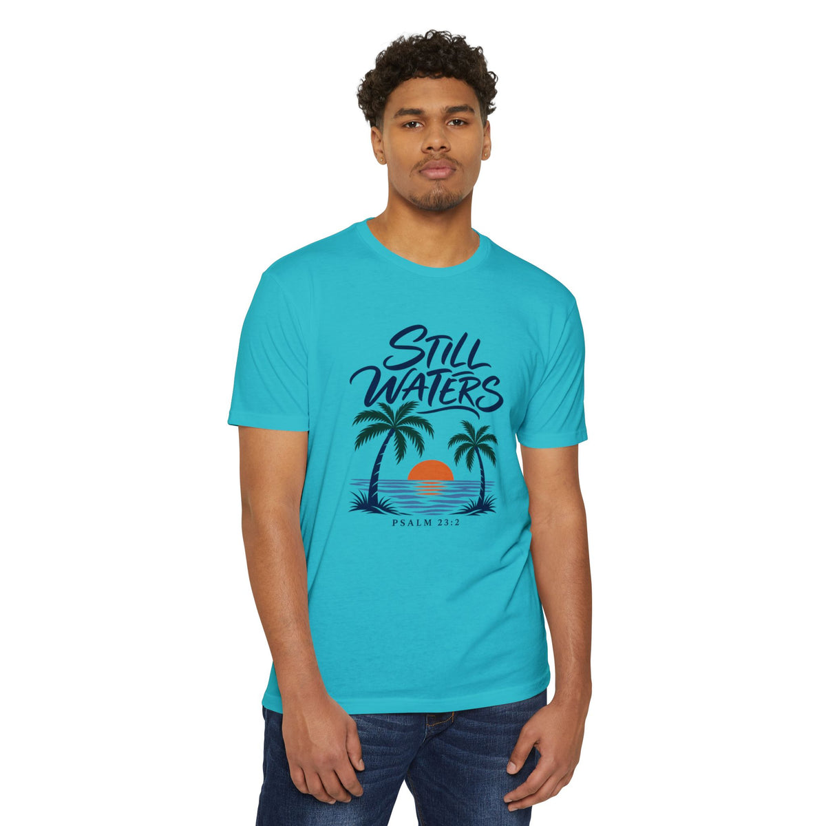 Still Waters T-Shirt — Psalm 23:2 Sunset Palm Graphic Tee Front Graphic
