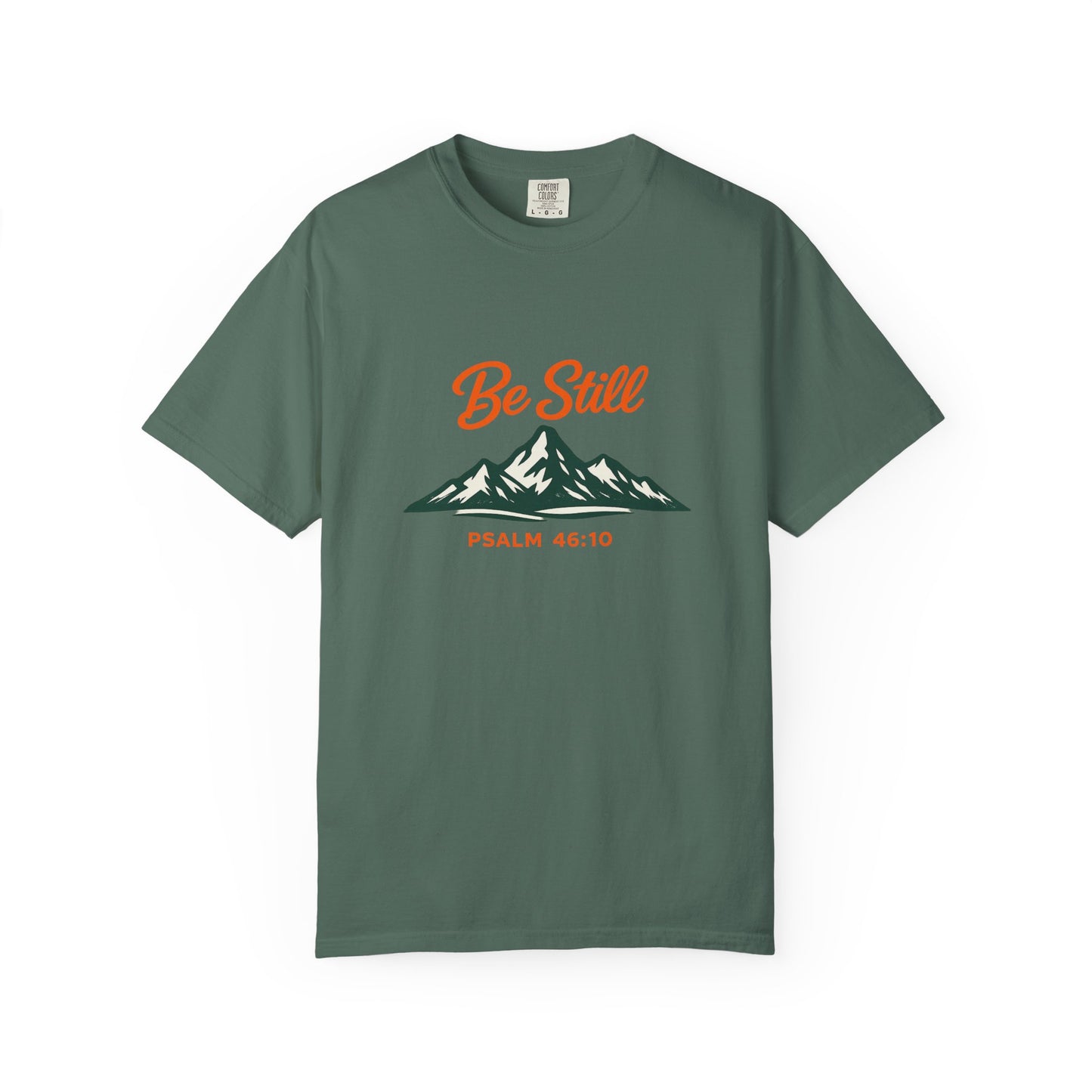 Be Still Mountain T-Shirt — Psalm 46:10 Christian Graphic Tee - Bright Ink, longer Mountain
