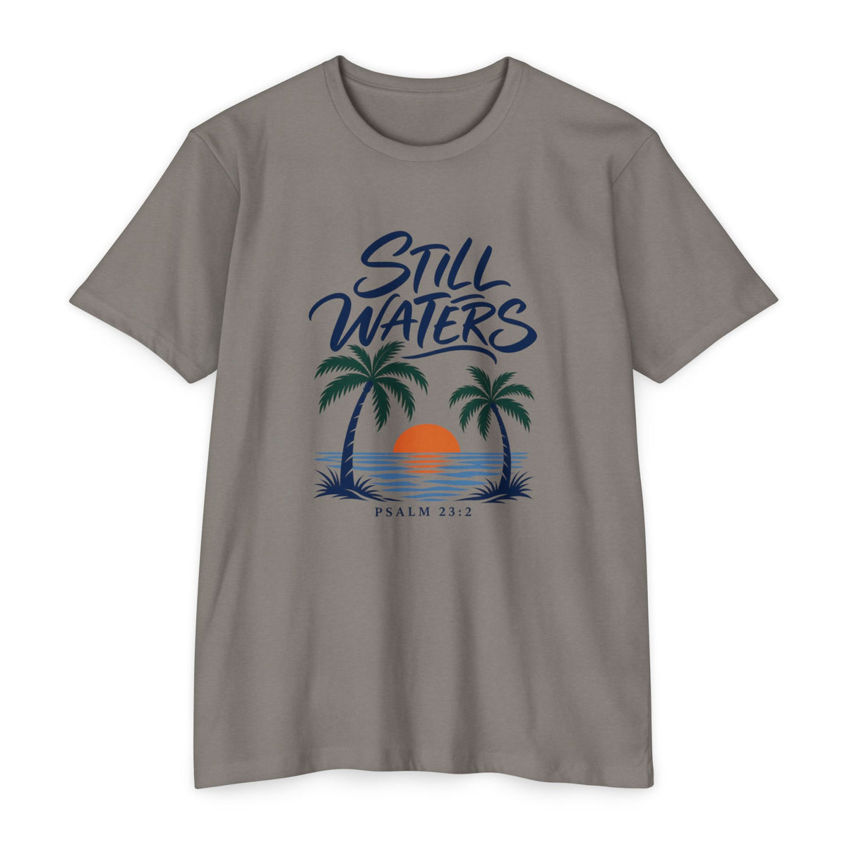 Still Waters T-Shirt — Psalm 23:2 Sunset Palm Graphic Tee Front Graphic