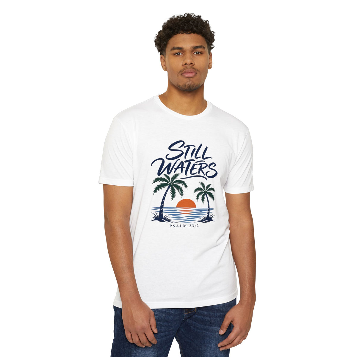 Still Waters T-Shirt — Psalm 23:2 Sunset Palm Graphic Tee Front Graphic