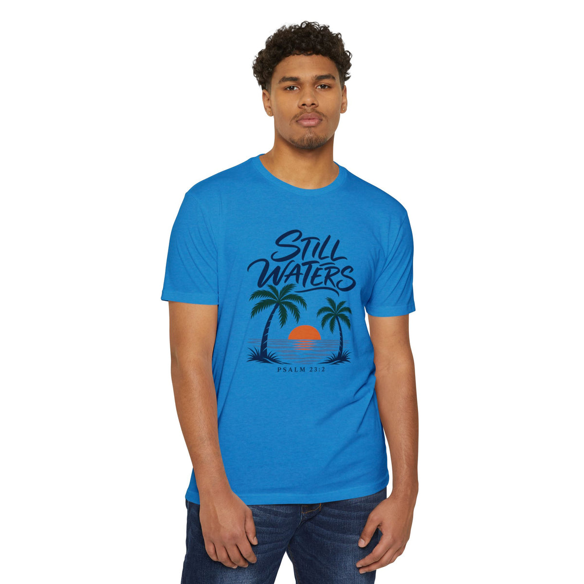 Still Waters T-Shirt — Psalm 23:2 Sunset Palm Graphic Tee Front Graphic