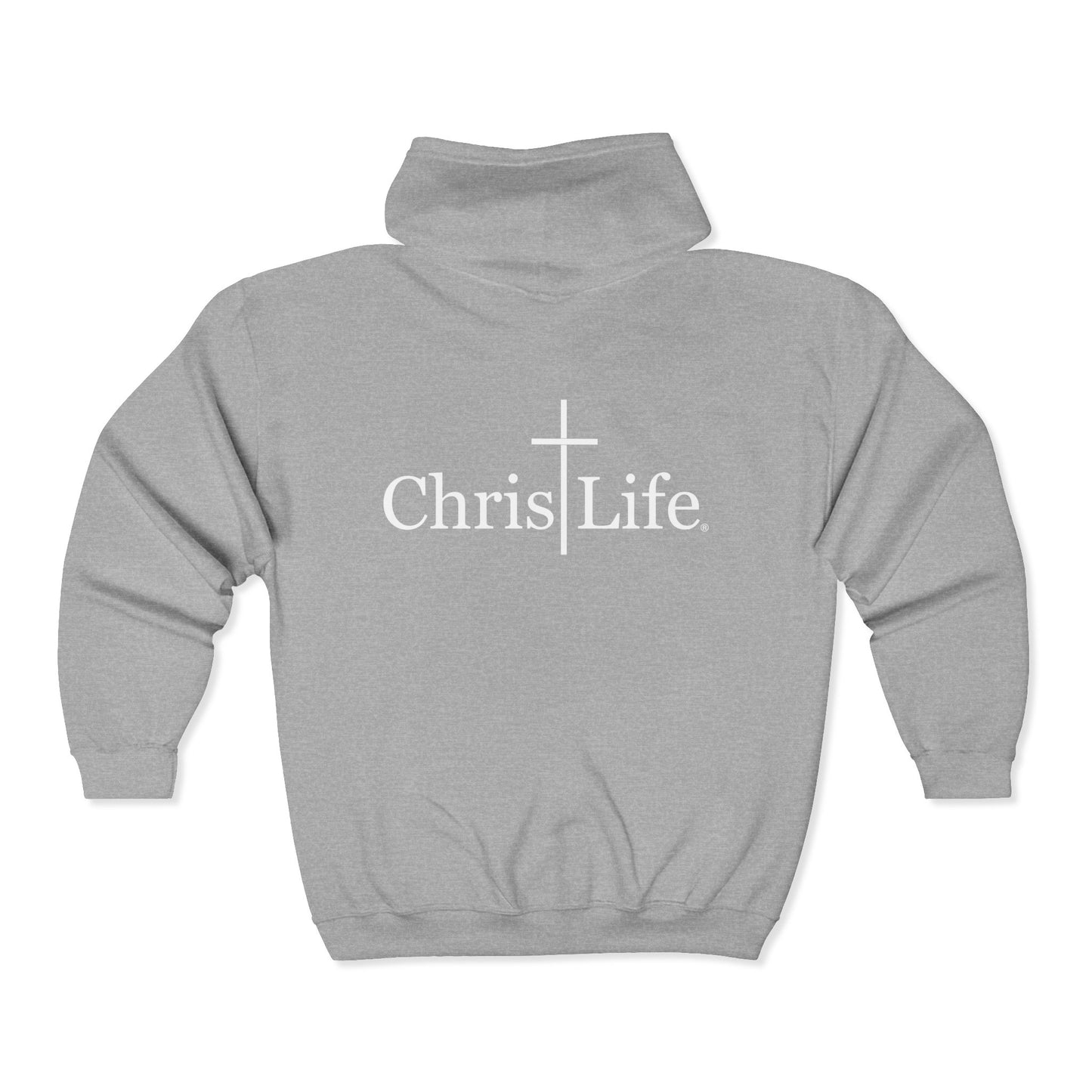 Unisex Heavy Blend™ Full Zip Hooded Sweatshirt, C/L Logo on the front and ChristLife on the back, white copy.