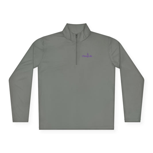Unisex Quarter-Zip Pullover workout, ChristLife logo in purple.   Sporty