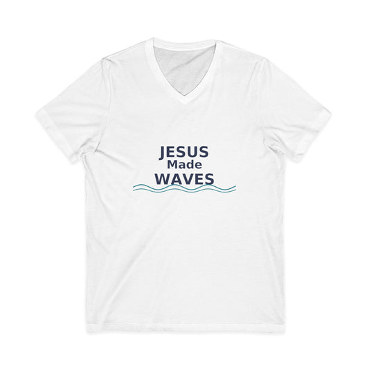 Jesus Made Waves V-Neck Tee - Faith T-Shirt for Men and Women, Summer Outfit, Christian Gift, Church Attire, Beach Day Wear, Surfer
