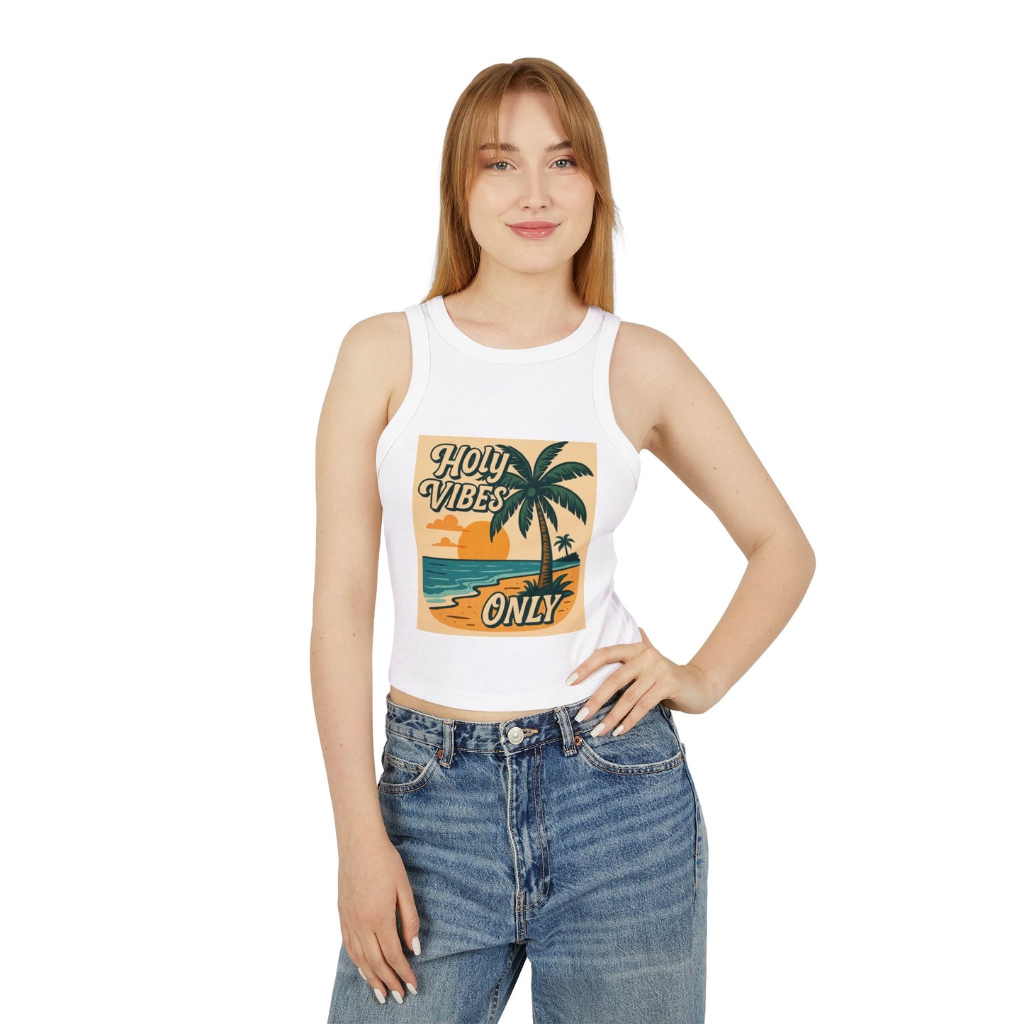 Women's Micro Rib Racer Tank Top - Holy Vibes Only/Beach scene