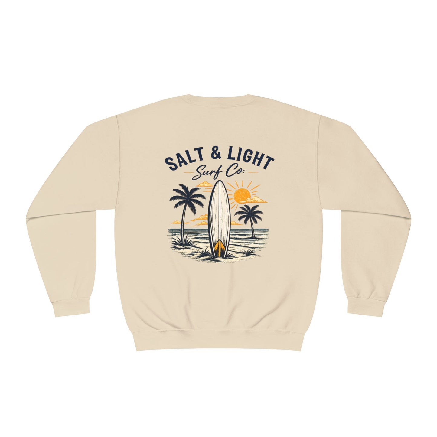 Surf Crewneck Sweatshirt — "Salt & Light" Beach Tan Surfboard Design on Backside