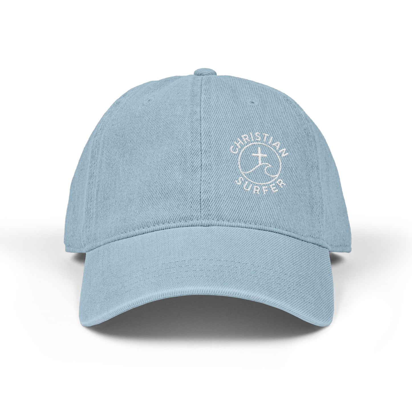 Christian Surfer Embroidered Denim Hat, Beachwear, Summer Accessory, Gift for Water Sports Lovers, Casual Outfit