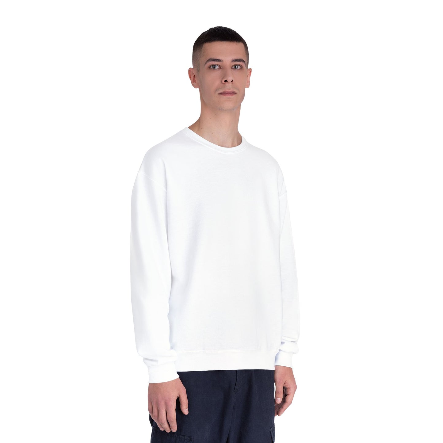 Surf Crewneck Sweatshirt — "Salt & Light" Beach Tan Surfboard Design on Backside