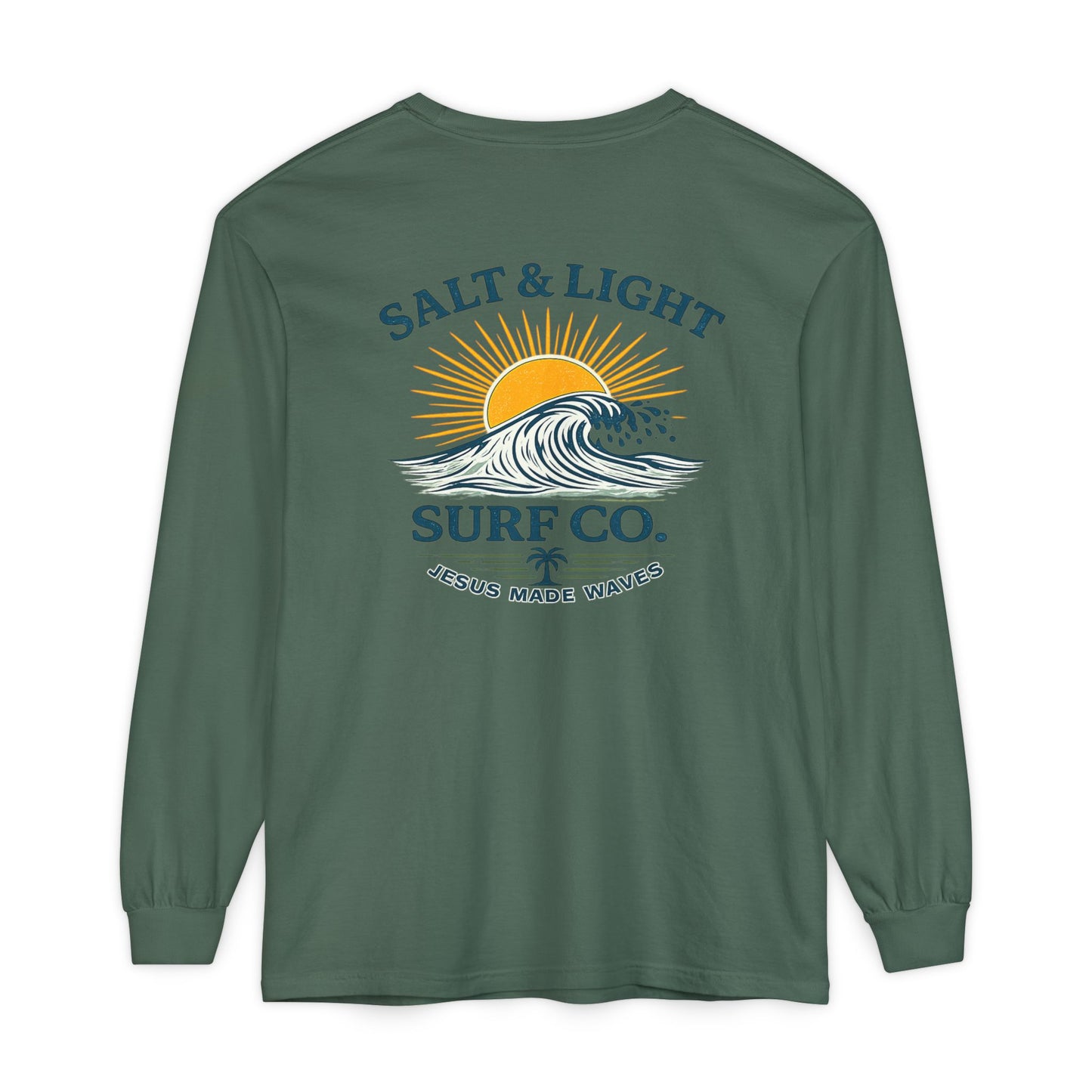 Salt & Light Surf Co. Long Sleeve Tee — 'Jesus Made Waves' Christian Surf T-Shirt, Back Graphic