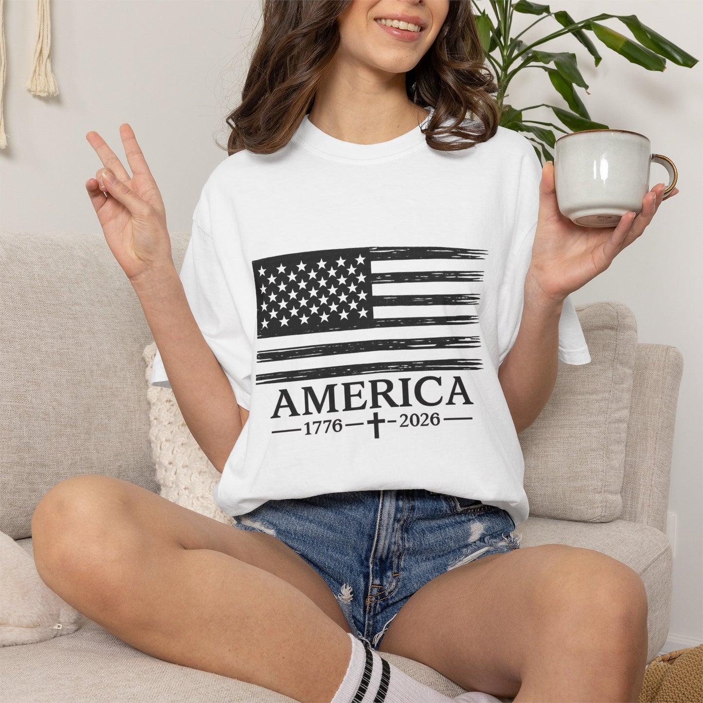 America 1776 -2026 Vintage Black Ink Flag - Unisex Garment-Dyed T-shirt