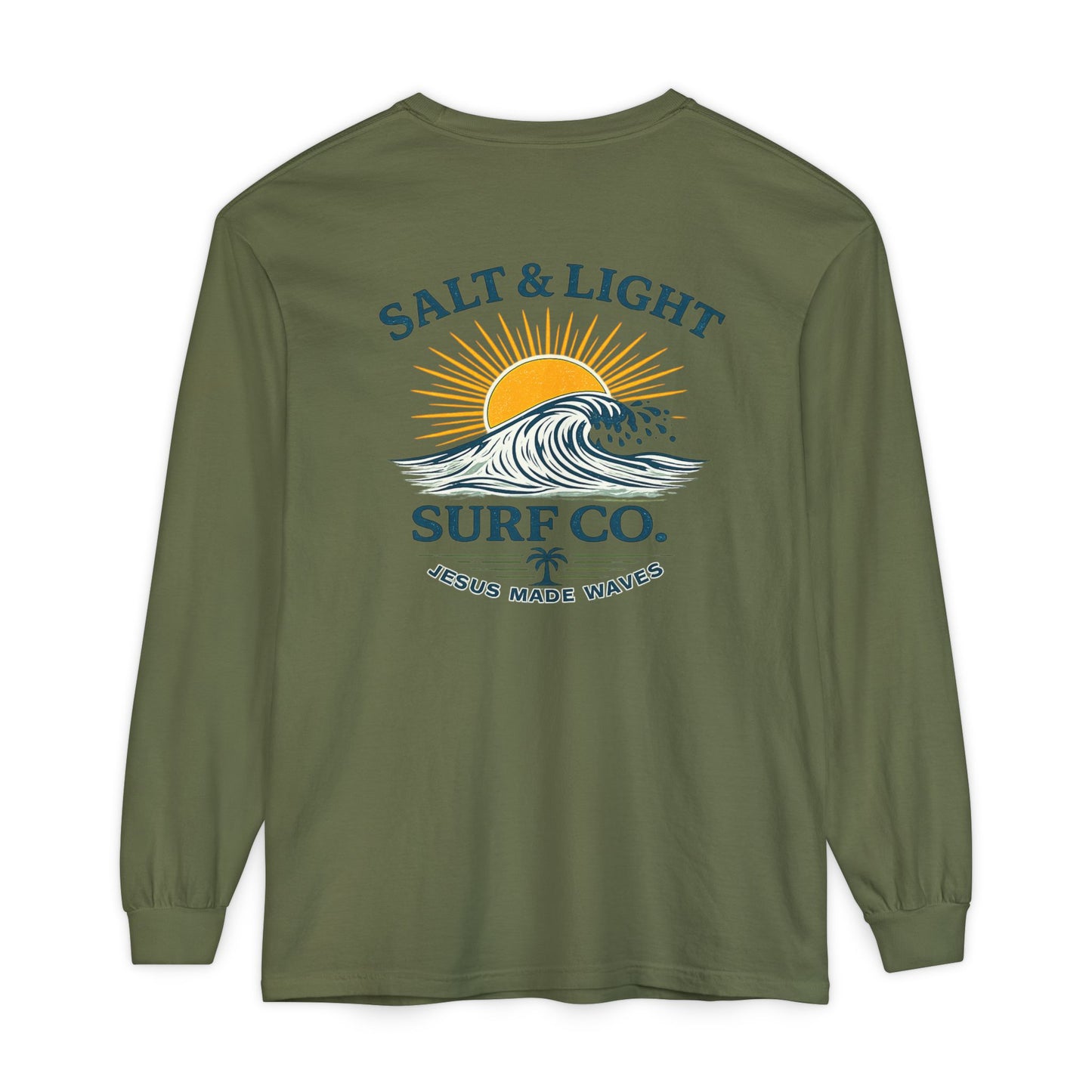 Salt & Light Surf Co. Long Sleeve Tee — 'Jesus Made Waves' Christian Surf T-Shirt, Back Graphic