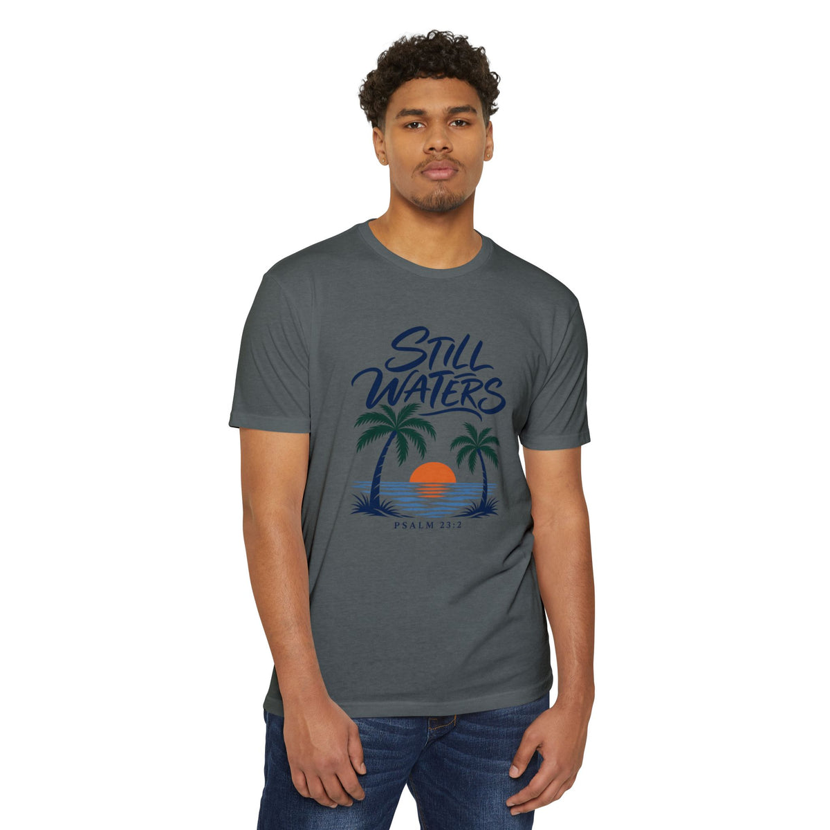 Still Waters T-Shirt — Psalm 23:2 Sunset Palm Graphic Tee Front Graphic