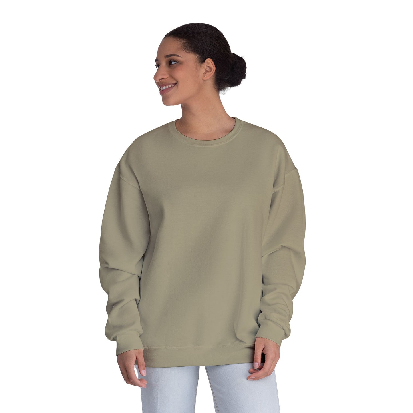 Surf Crewneck Sweatshirt — "Salt & Light" Beach Tan Surfboard Design on Backside