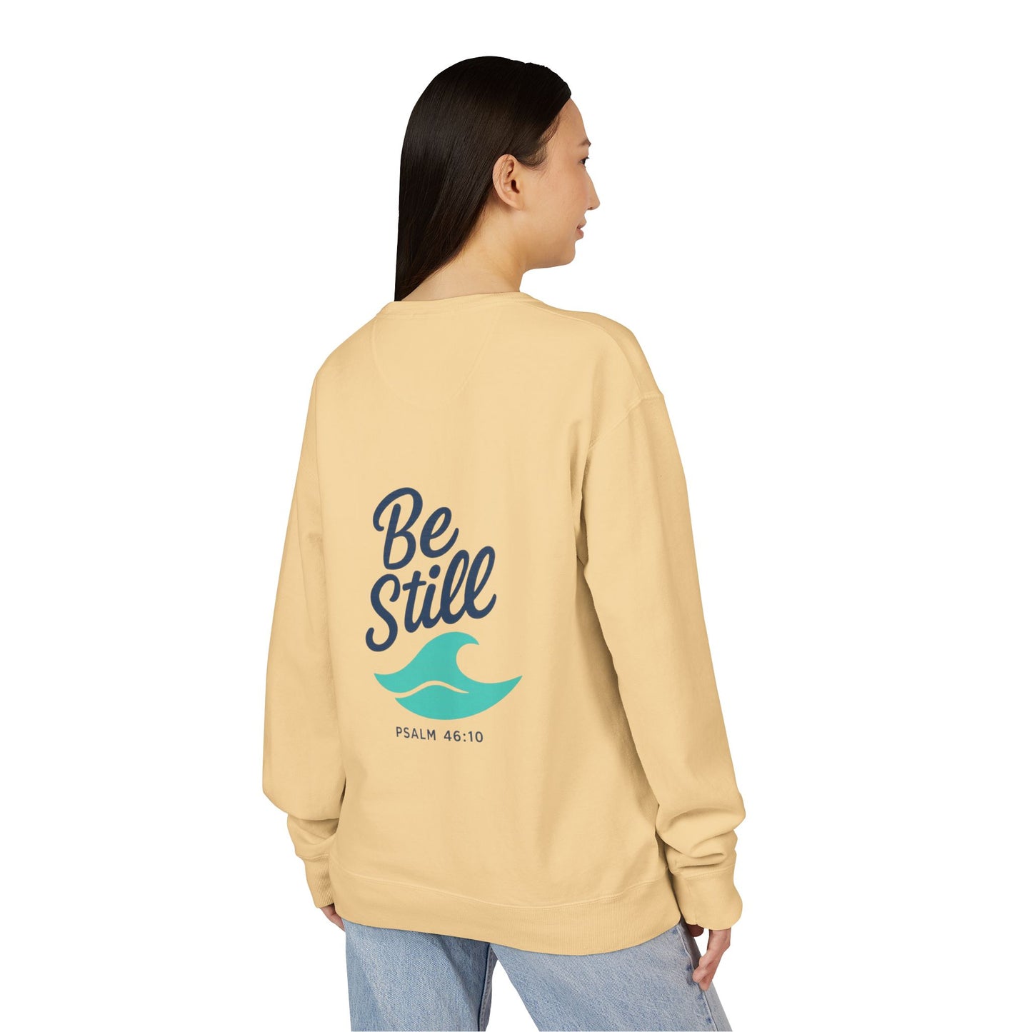 Be Still and Wave On the Back, Wave Icon on Front  - Sweatshirt - Unisex ComfortWash® Garment Dyed Crewneck Sweatshirt, Comfy.