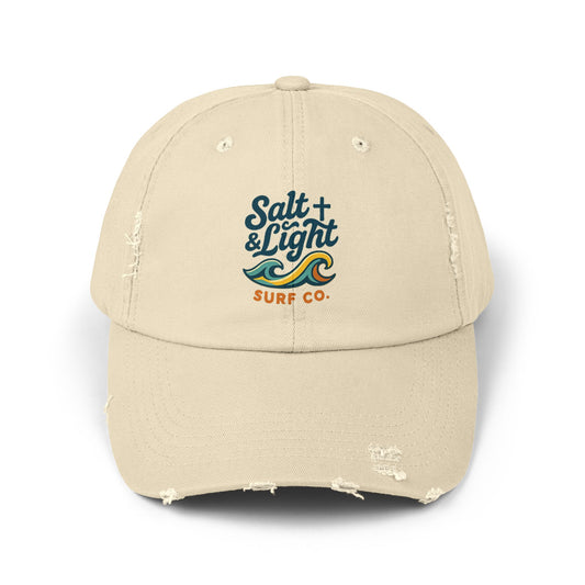 Salt & Light Surf Co. Distressed Baseball Cap — Vintage Surf Wave Embroidered Hat