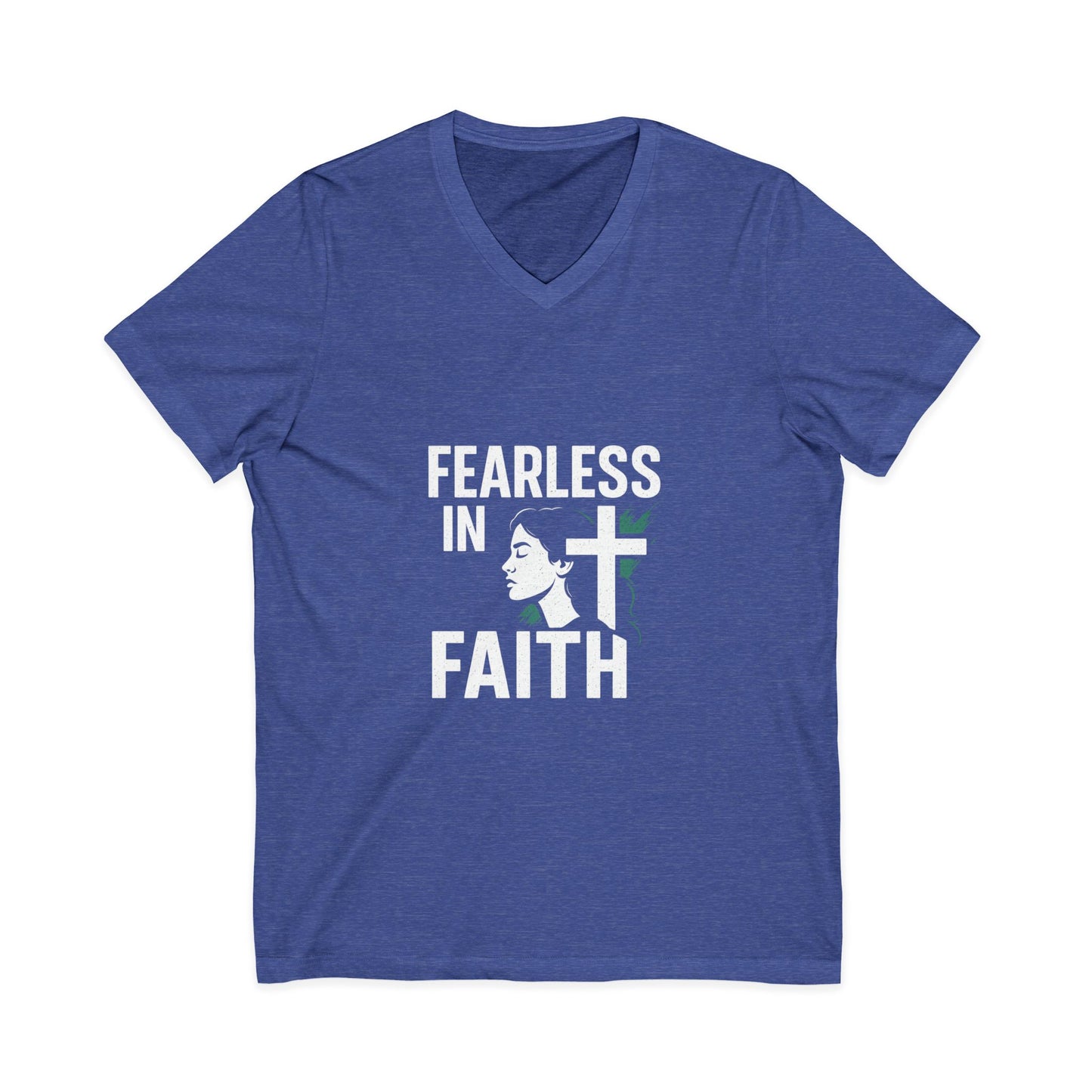 Fearless in Faith V-Neck Tee - Unisex Inspirational Shirt for Empowerment, Faith-based Gift, Everyday Wear, Religious Occasions, [...]