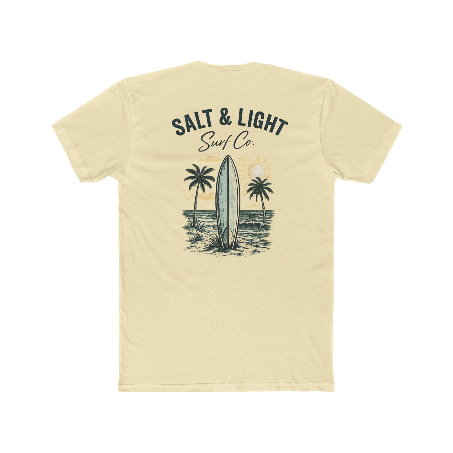 Surf Co. Vintage Surfboard T-Shirt — Salt & Light Beach Tee Graphic on Backside