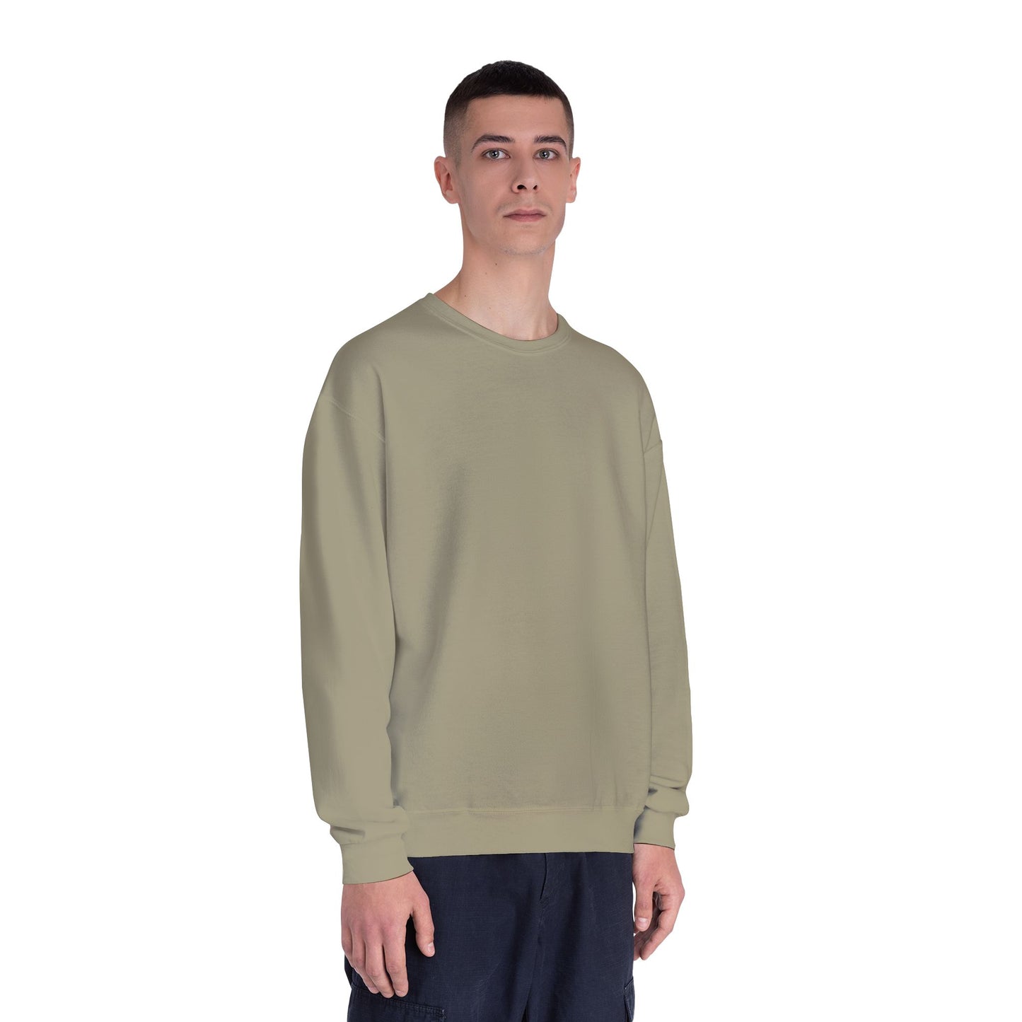 Surf Crewneck Sweatshirt — "Salt & Light" Beach Tan Surfboard Design on Backside
