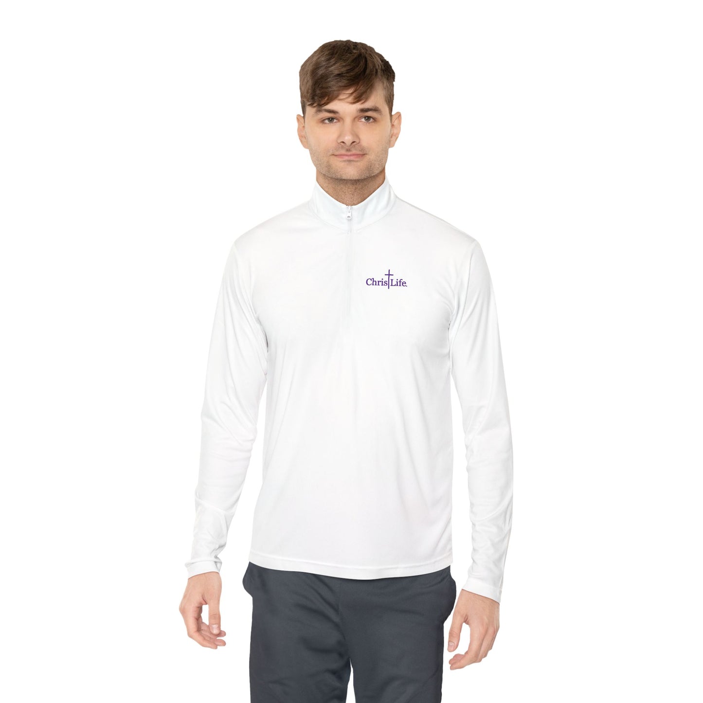 Unisex Quarter-Zip Pullover workout, ChristLife logo in purple.   Sporty
