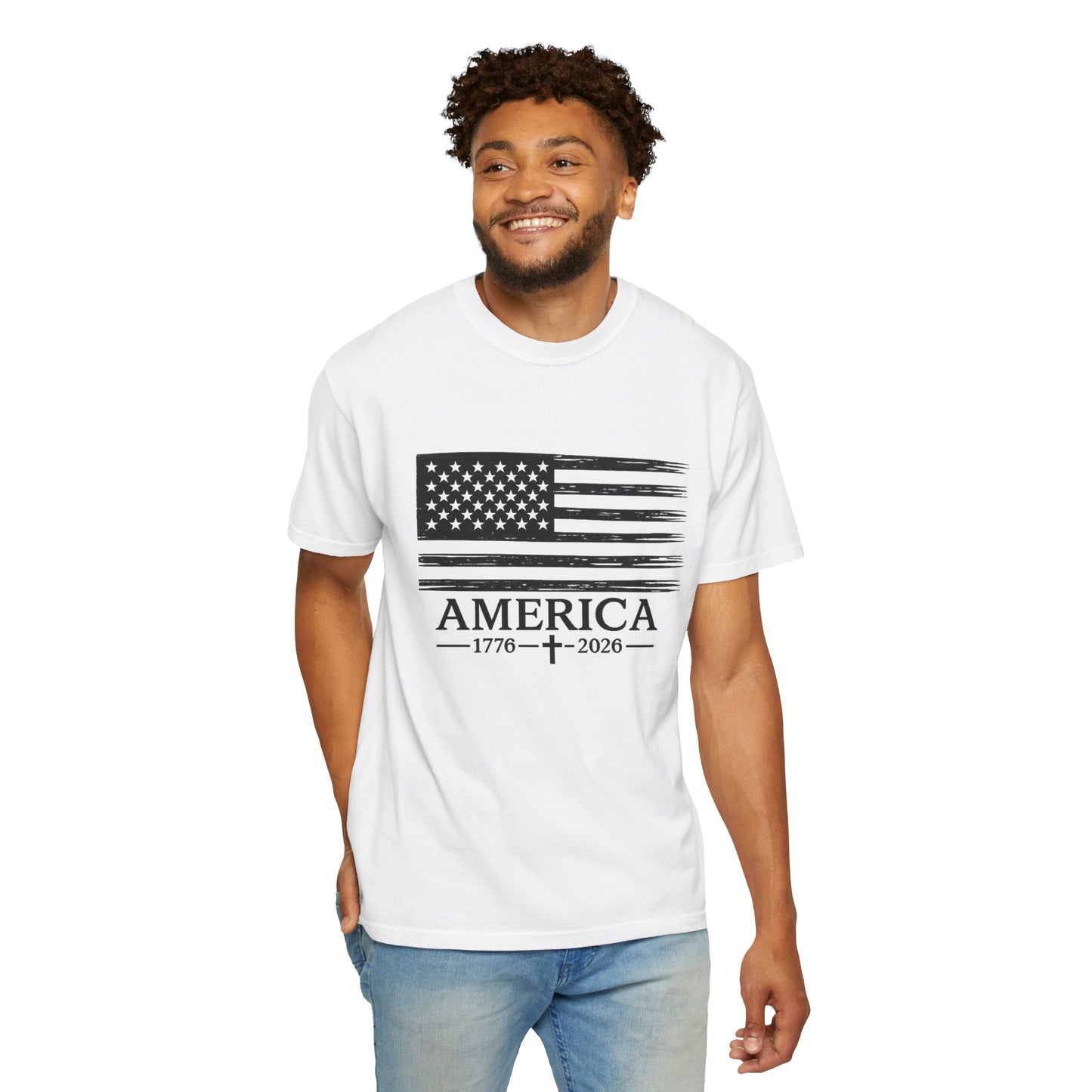 America 1776 -2026 Vintage Black Ink Flag - Unisex Garment-Dyed T-shirt