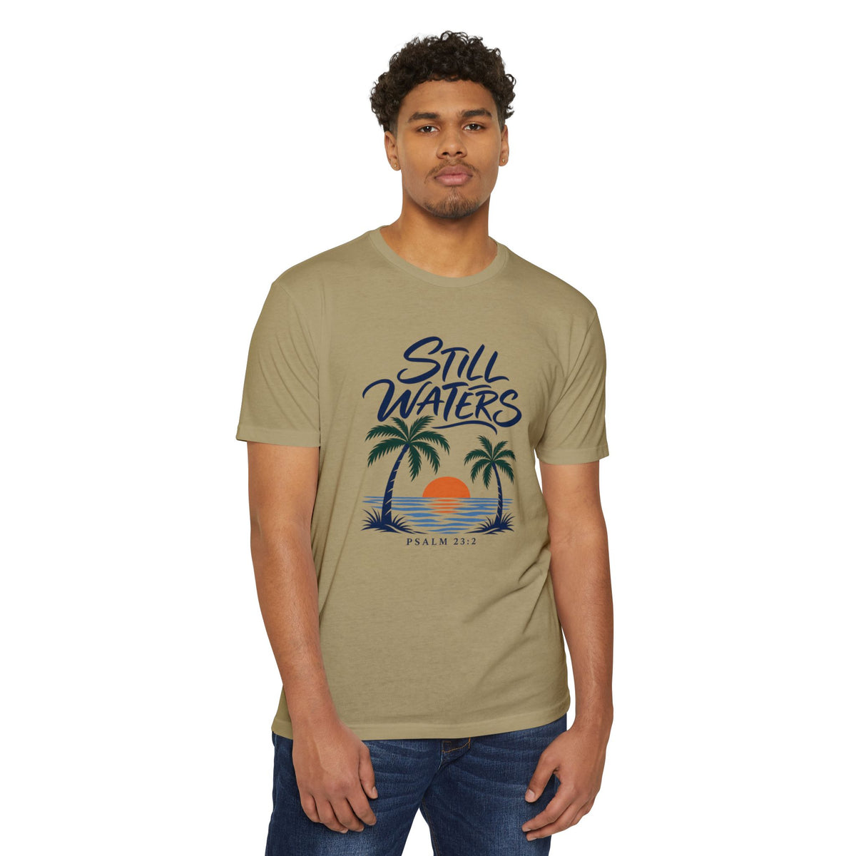 Still Waters T-Shirt — Psalm 23:2 Sunset Palm Graphic Tee Front Graphic
