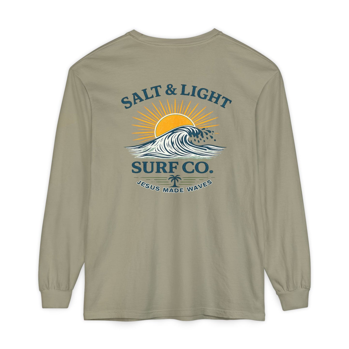 Salt & Light Surf Co. Long Sleeve Tee — 'Jesus Made Waves' Christian Surf T-Shirt, Back Graphic