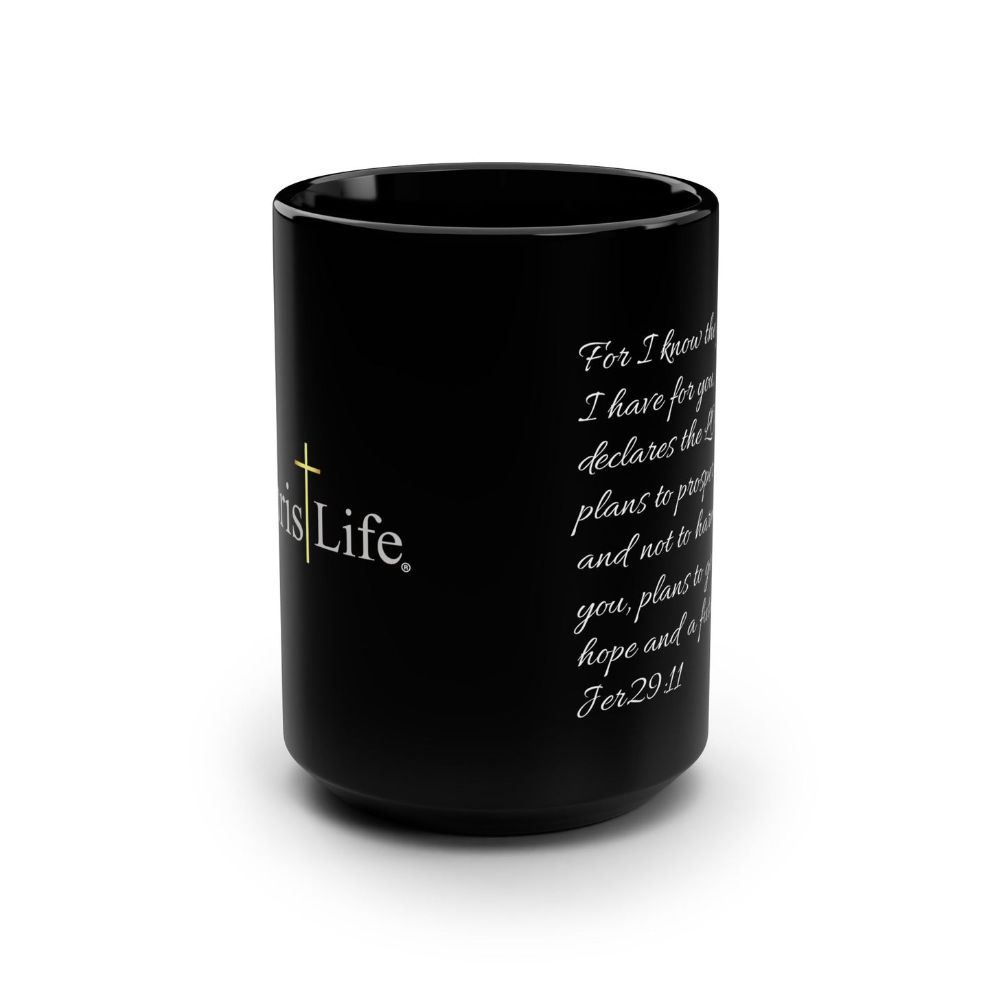 Black Mug, 15oz, ChristLife Logo with Bible Verse Jer 29:11 - Uplifting
