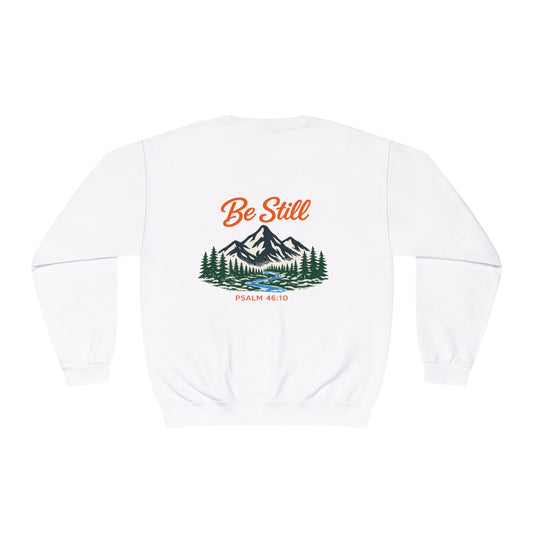 Be Still Crewneck Sweatshirt — Mountain Nature Graphic with "Psalm 46:10" Copy on Backside
