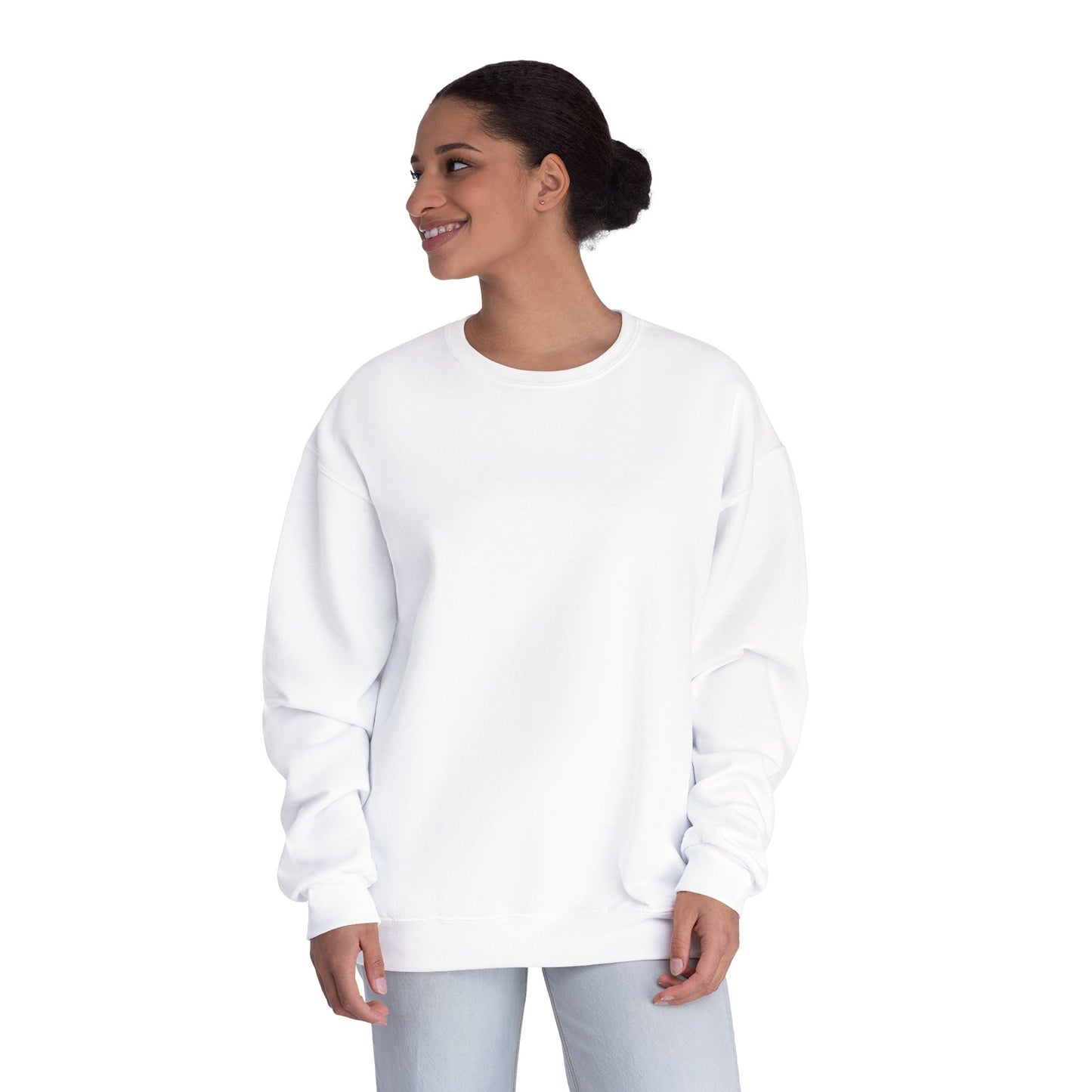 Surf Crewneck Sweatshirt — "Salt & Light" Beach Tan Surfboard Design on Backside