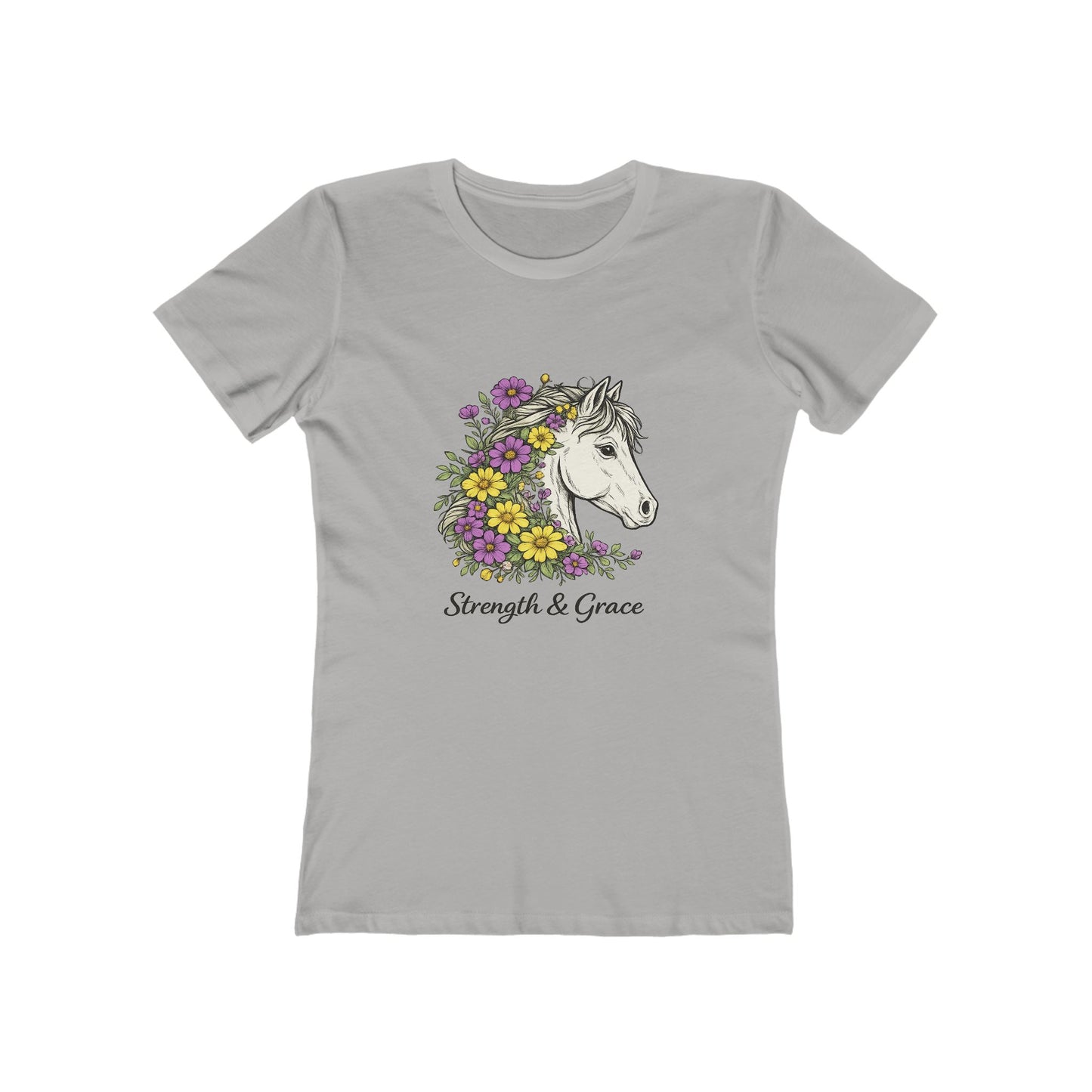 Strength & Grace Horse Graphic Tee — Women's Floral Horseback T-Shirt - Pink, Yellow and Green