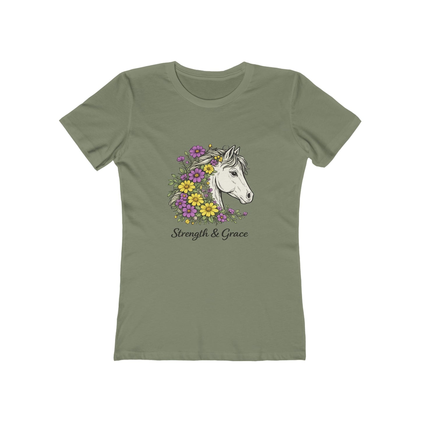 Strength & Grace Horse Graphic Tee — Women's Floral Horseback T-Shirt - Pink, Yellow and Green