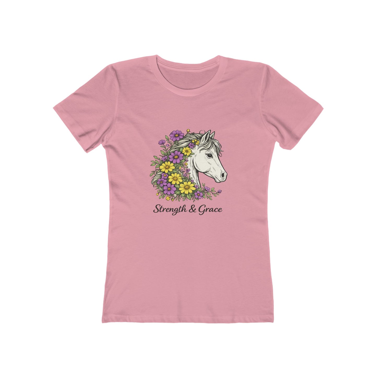 Strength & Grace Horse Graphic Tee — Women's Floral Horseback T-Shirt - Pink, Yellow and Green