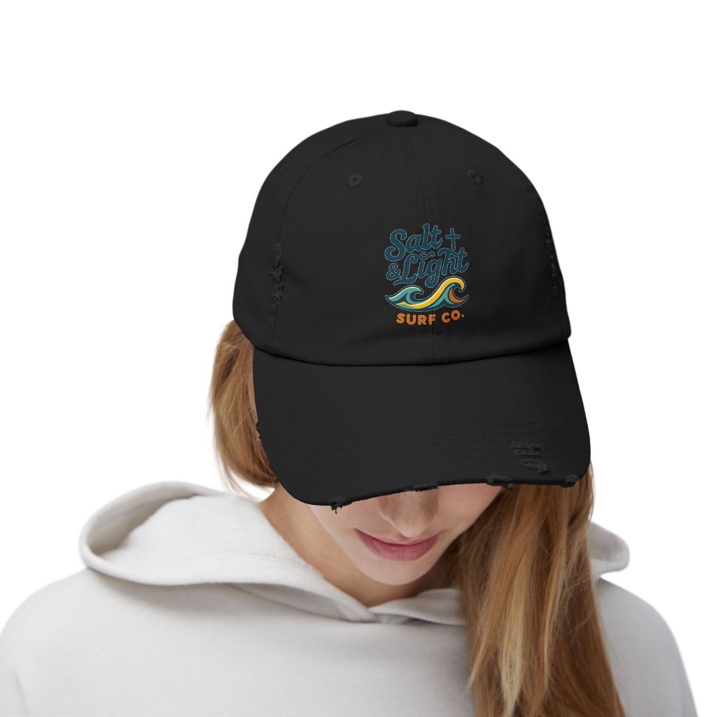 Salt & Light Surf Co. Distressed Baseball Cap — Vintage Surf Wave Embroidered Hat