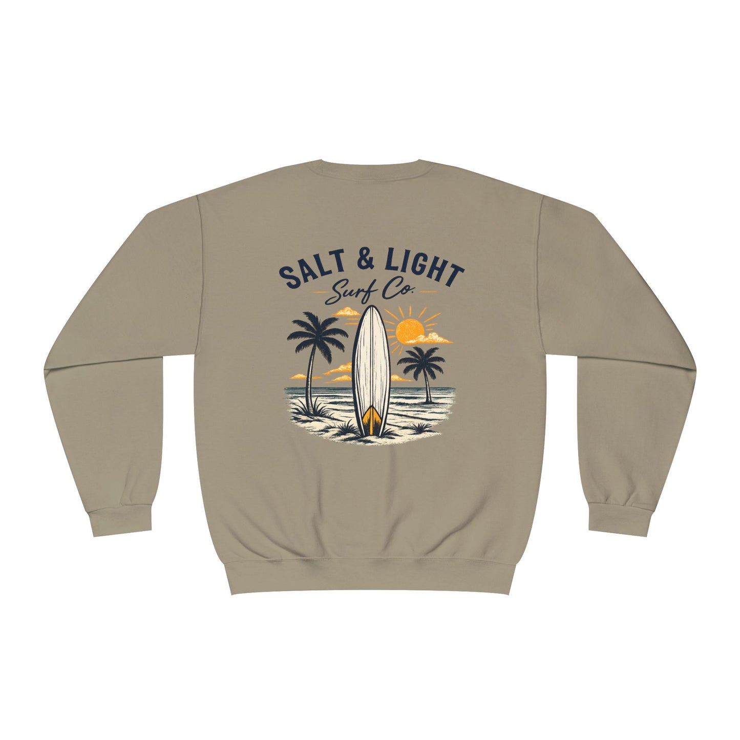 Surf Crewneck Sweatshirt — "Salt & Light" Beach Tan Surfboard Design on Backside