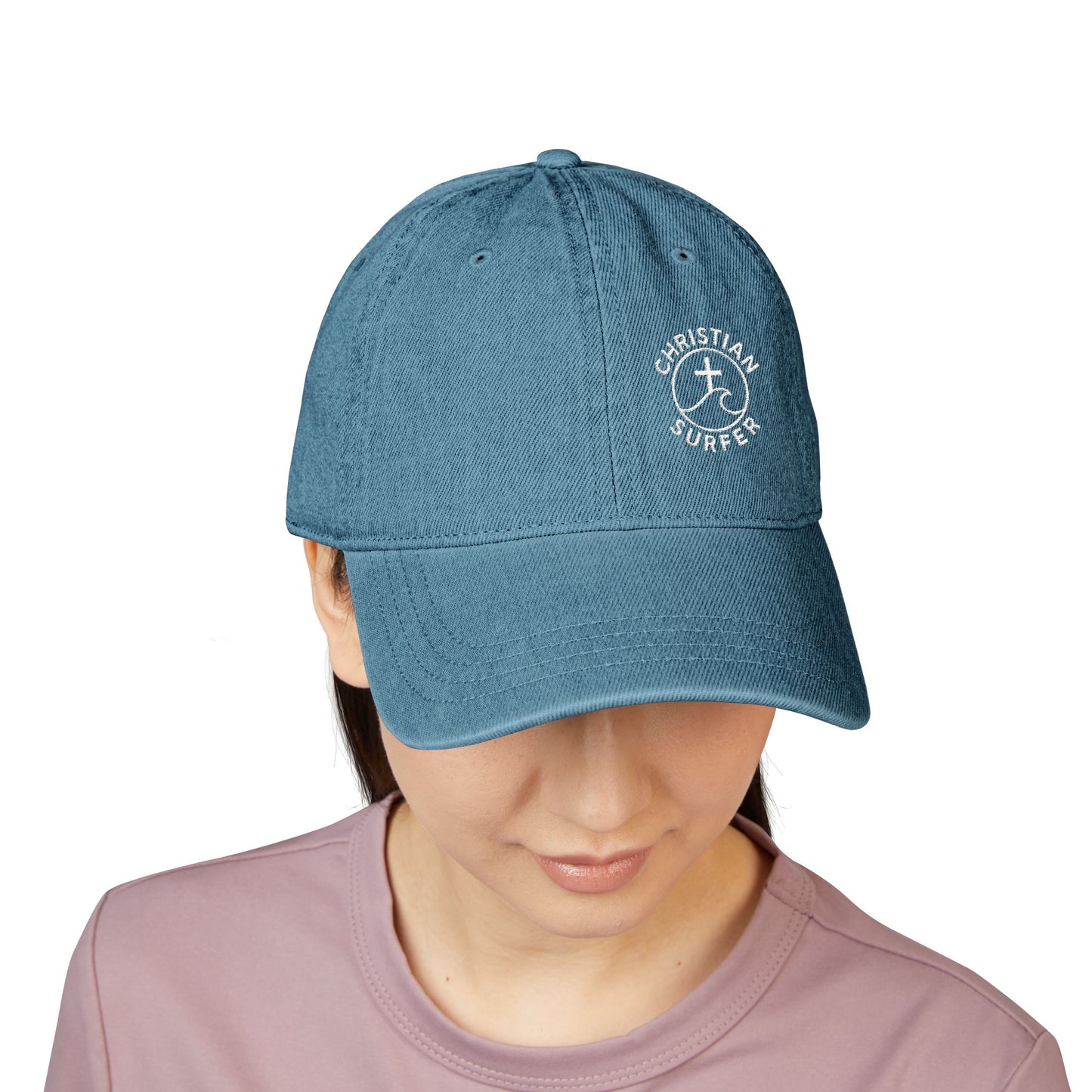 Christian Surfer Embroidered Denim Hat, Beachwear, Summer Accessory, Gift for Water Sports Lovers, Casual Outfit