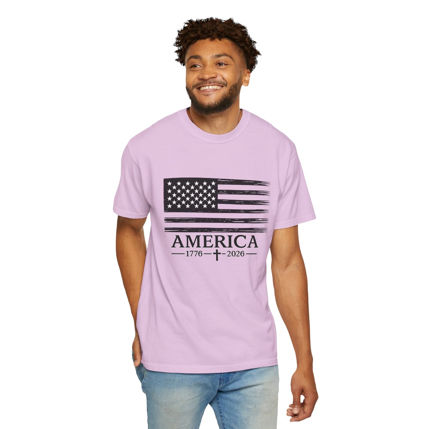 America 1776 -2026 Vintage Black Ink Flag - Unisex Garment-Dyed T-shirt