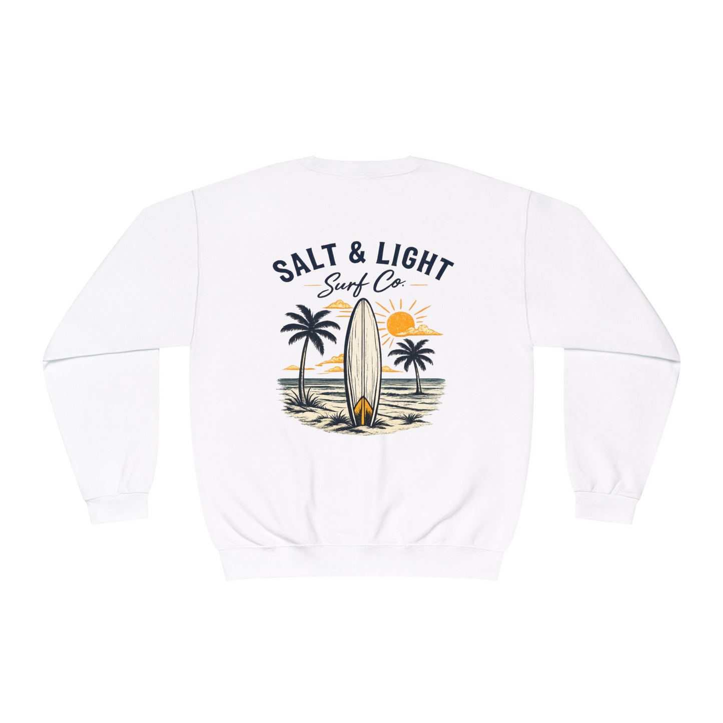 Surf Crewneck Sweatshirt — "Salt & Light" Beach Tan Surfboard Design on Backside