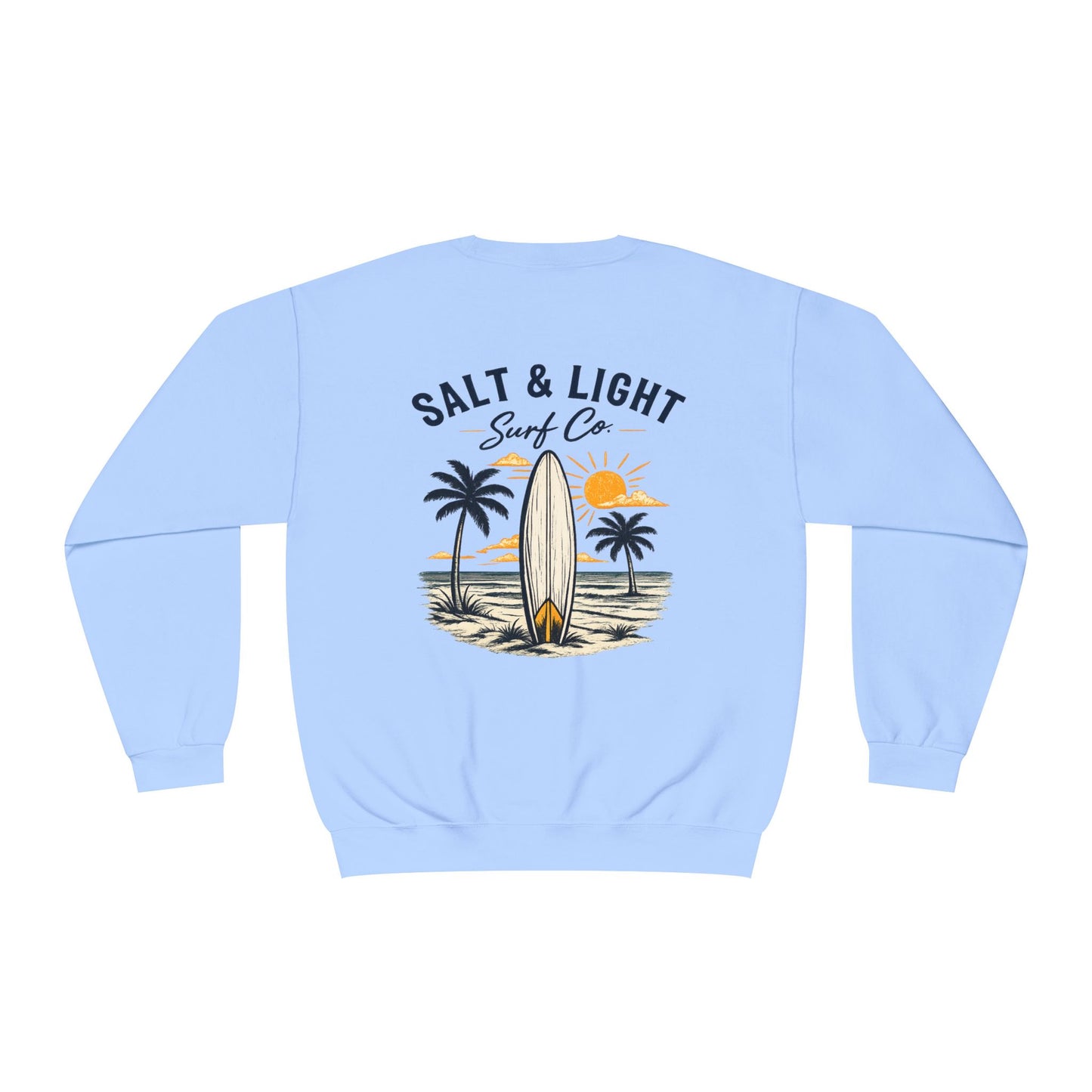 Surf Crewneck Sweatshirt — "Salt & Light" Beach Tan Surfboard Design on Backside