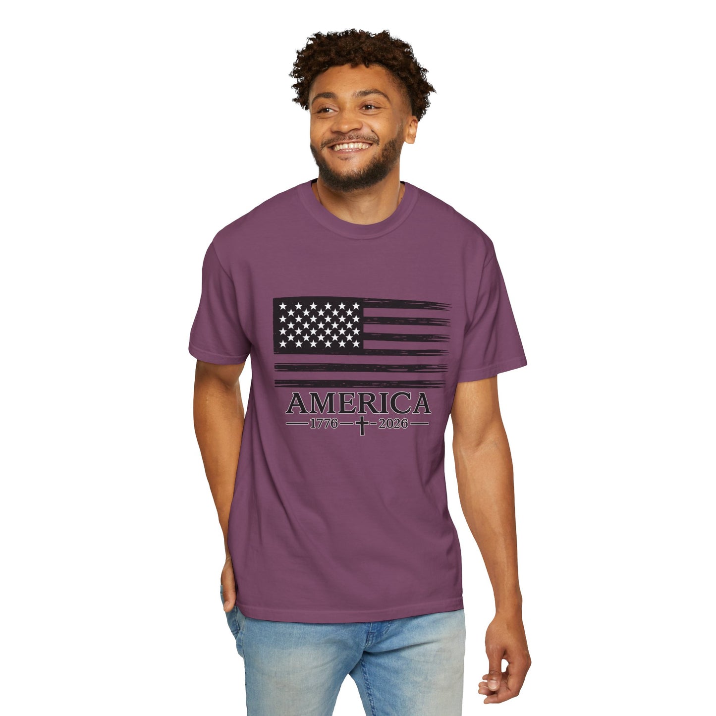 America 1776 -2026 Vintage Black Ink Flag - Unisex Garment-Dyed T-shirt