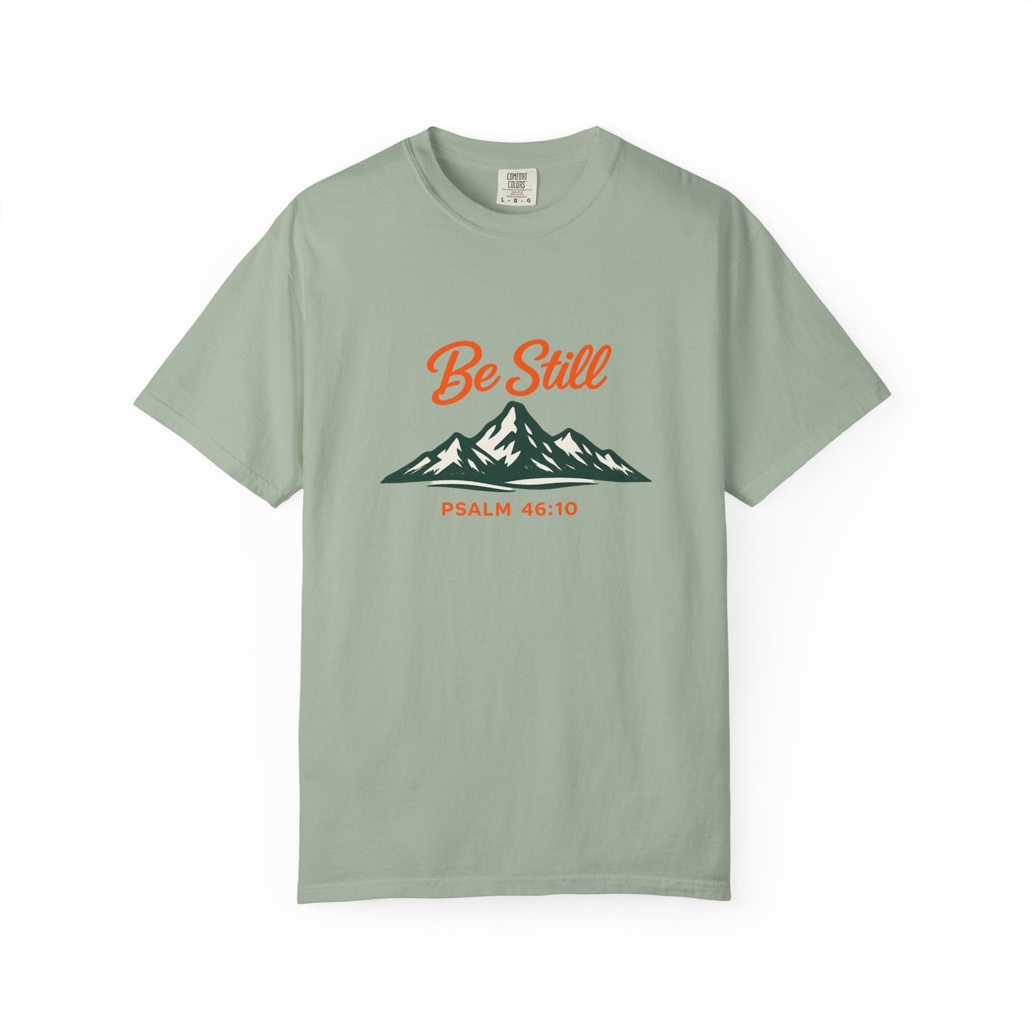 Be Still Mountain T-Shirt — Psalm 46:10 Christian Graphic Tee - Bright Ink, longer Mountain