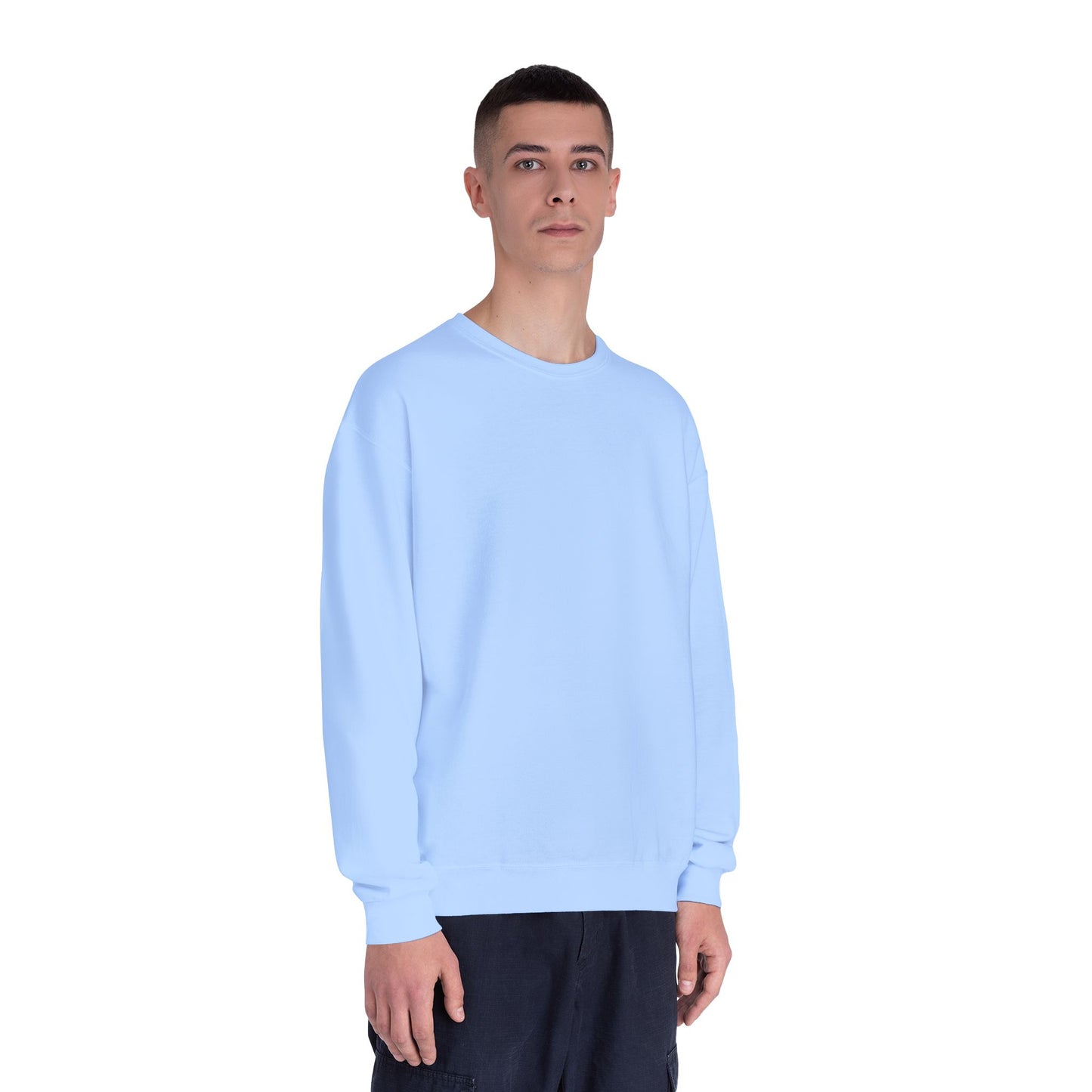Surf Crewneck Sweatshirt — "Salt & Light" Beach Tan Surfboard Design on Backside
