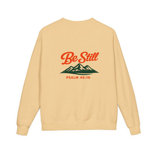Be Still Mountain Sweatshirt — Psalm 46:10 Inspirational Crewneck Comfort, Back Print