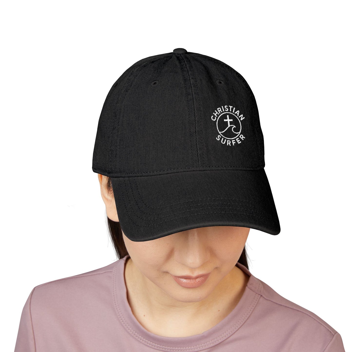 Christian Surfer Embroidered Denim Hat, Beachwear, Summer Accessory, Gift for Water Sports Lovers, Casual Outfit