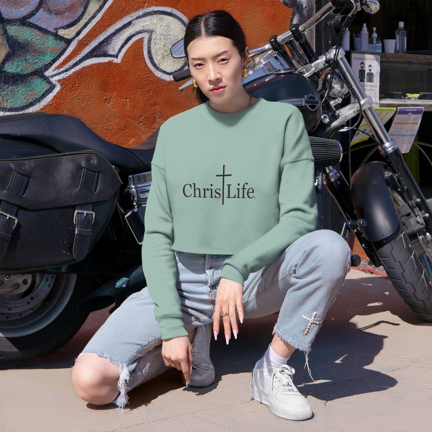 Women's Cropped Sweatshirt, Dark Gray ChristLife Logo