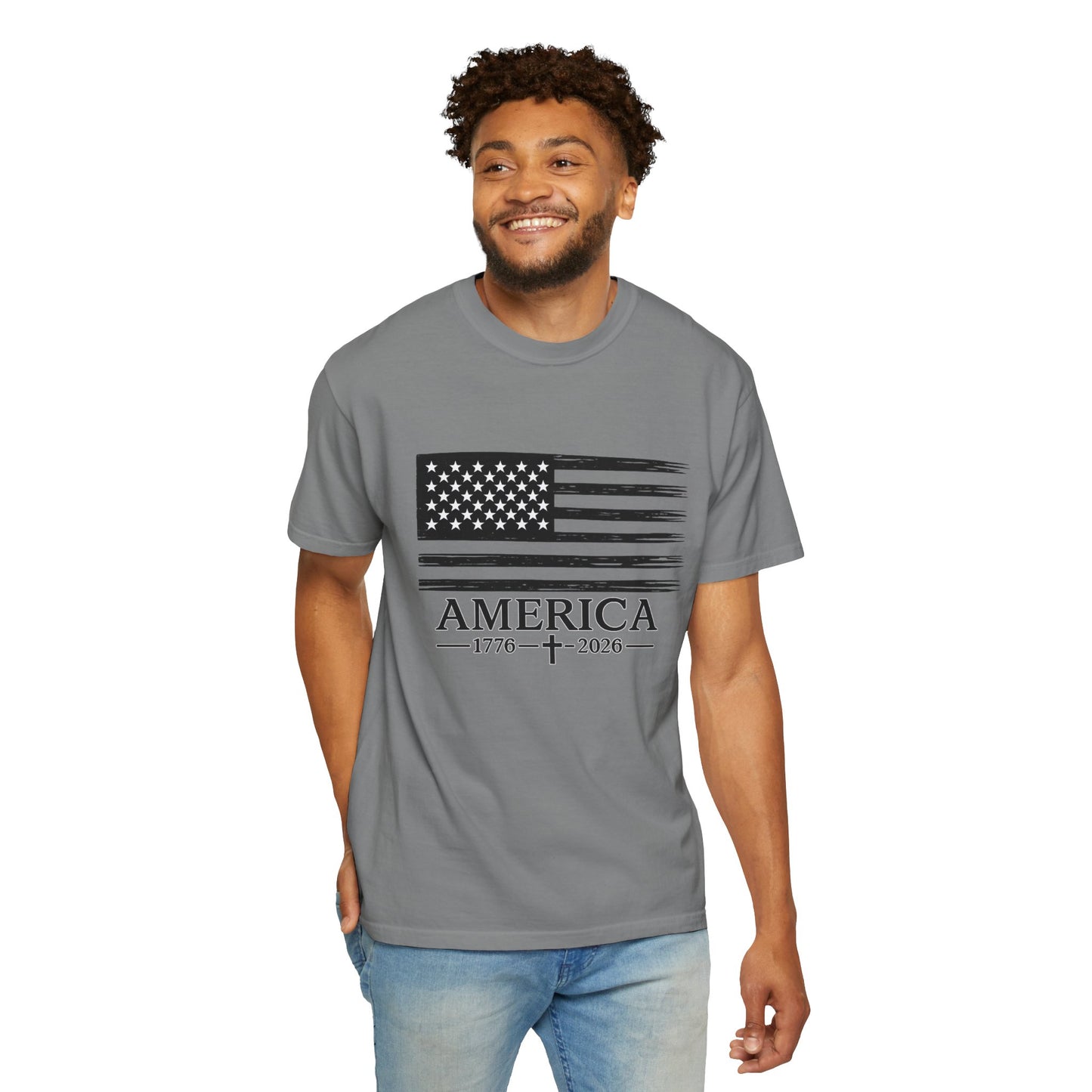 America 1776 -2026 Vintage Black Ink Flag - Unisex Garment-Dyed T-shirt