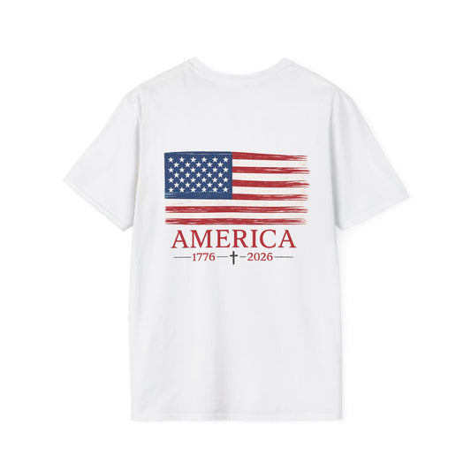 American Distressed Vintage Flag, With America and 1776- 2026 - Classic Red, White and Blue -  Unisex Tee